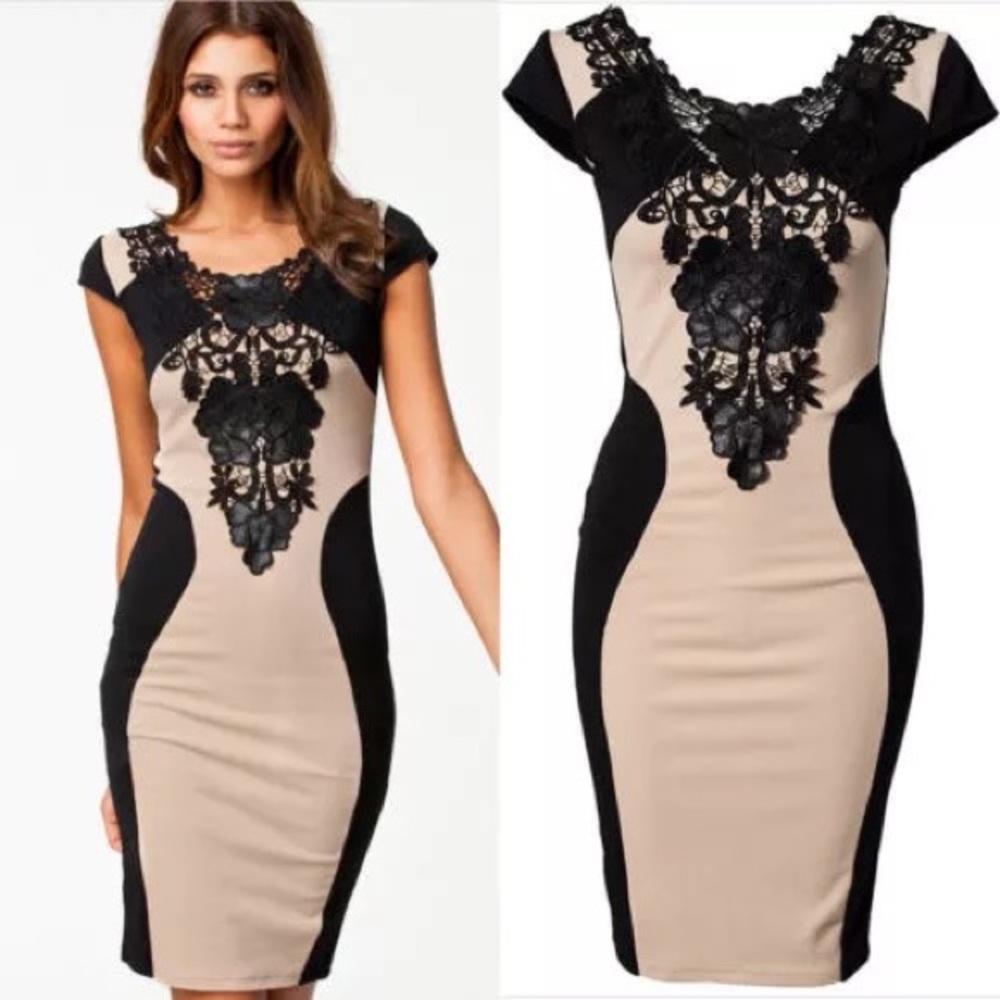 Sheath stretchy embroidery dress black  tan size s